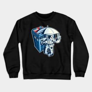 British astronaut holding an umbrella in space near a police box Crewneck Sweatshirt